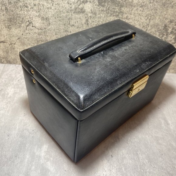 RETRO Black Jewellery Box Travel Case Faux Leather & Key Trays Mirror - Picture 9 of 10